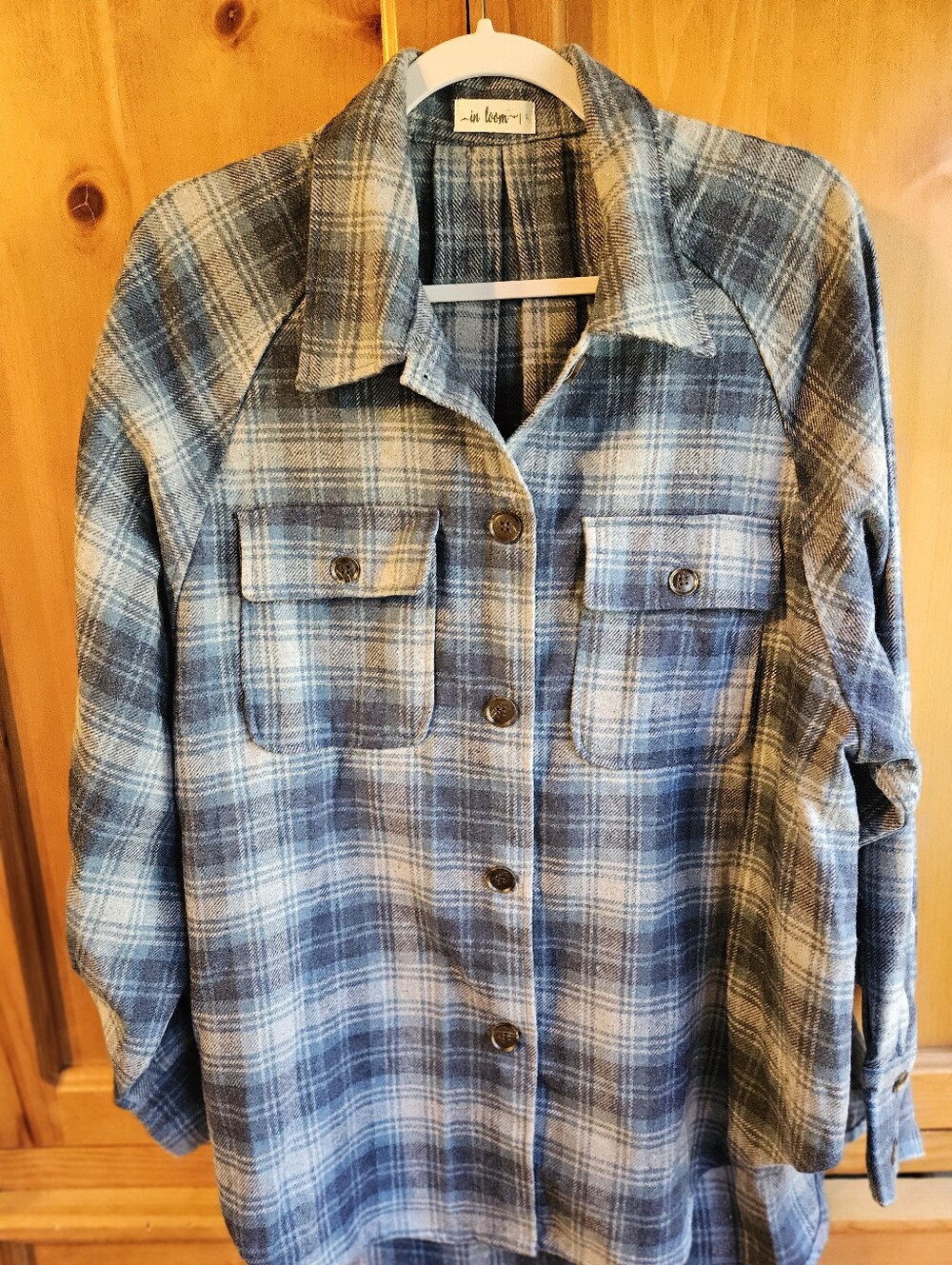 NWOT In Loom Blue and Gray Plaid High/low Button-Up Jacket Shacket- SIZE LARGE